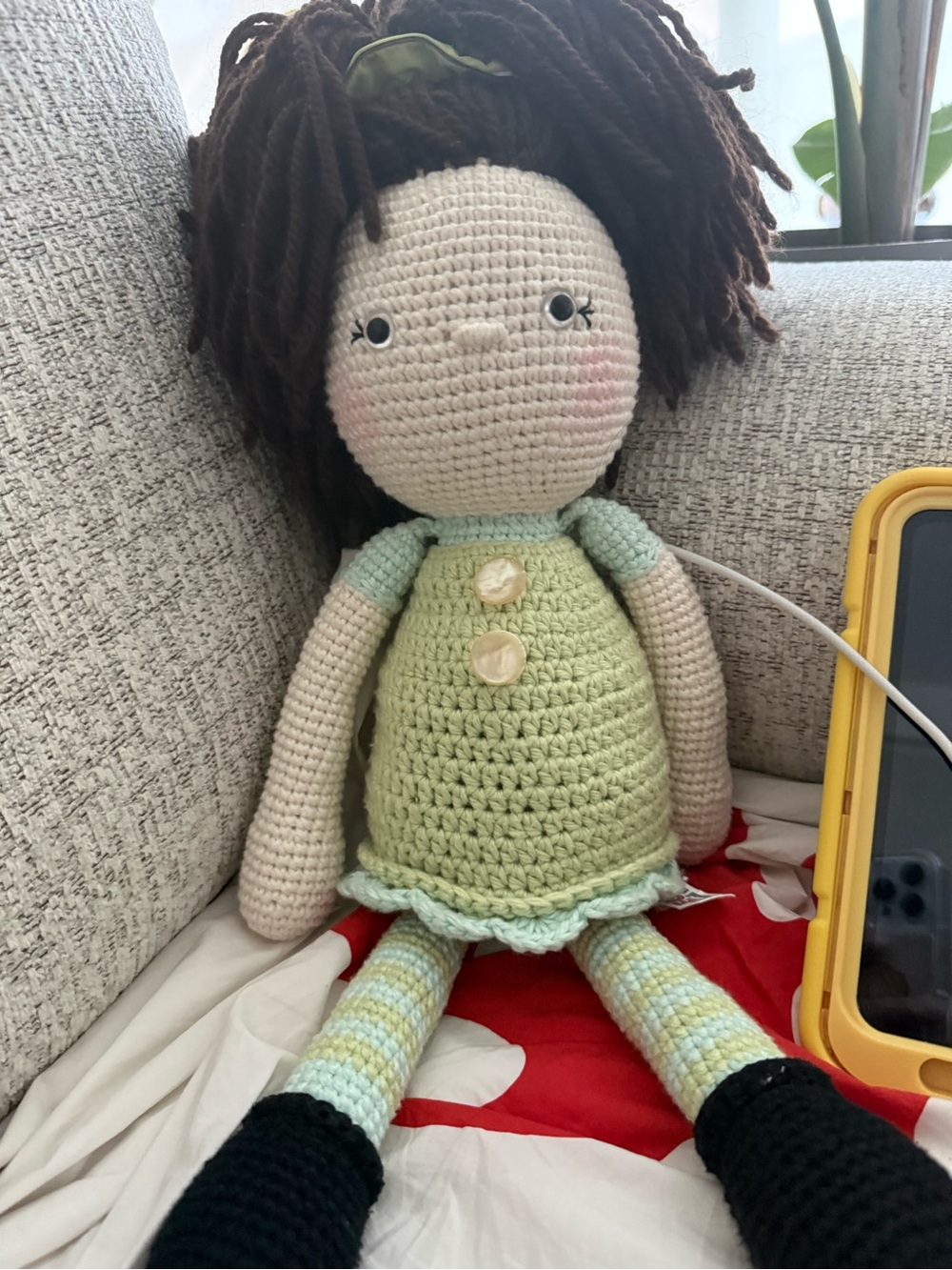 Handmade Cream & Green Crochet Girl Doll with Brown Hair - Picture 4 of 4